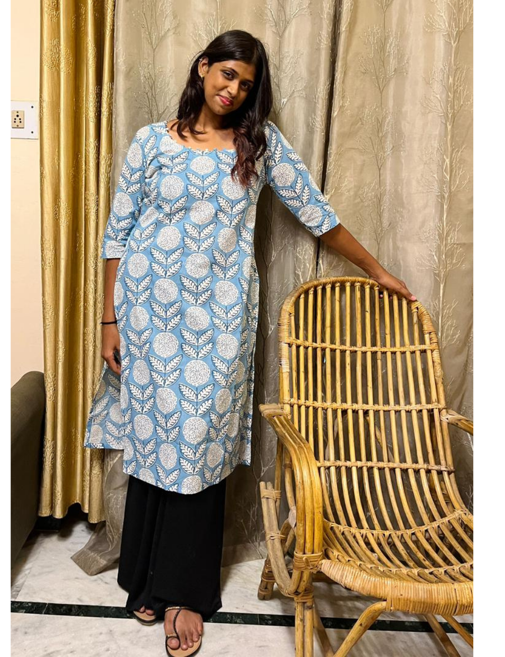 Sky Blue Floral Jaipur Cotton Straight-Cut Kurthi