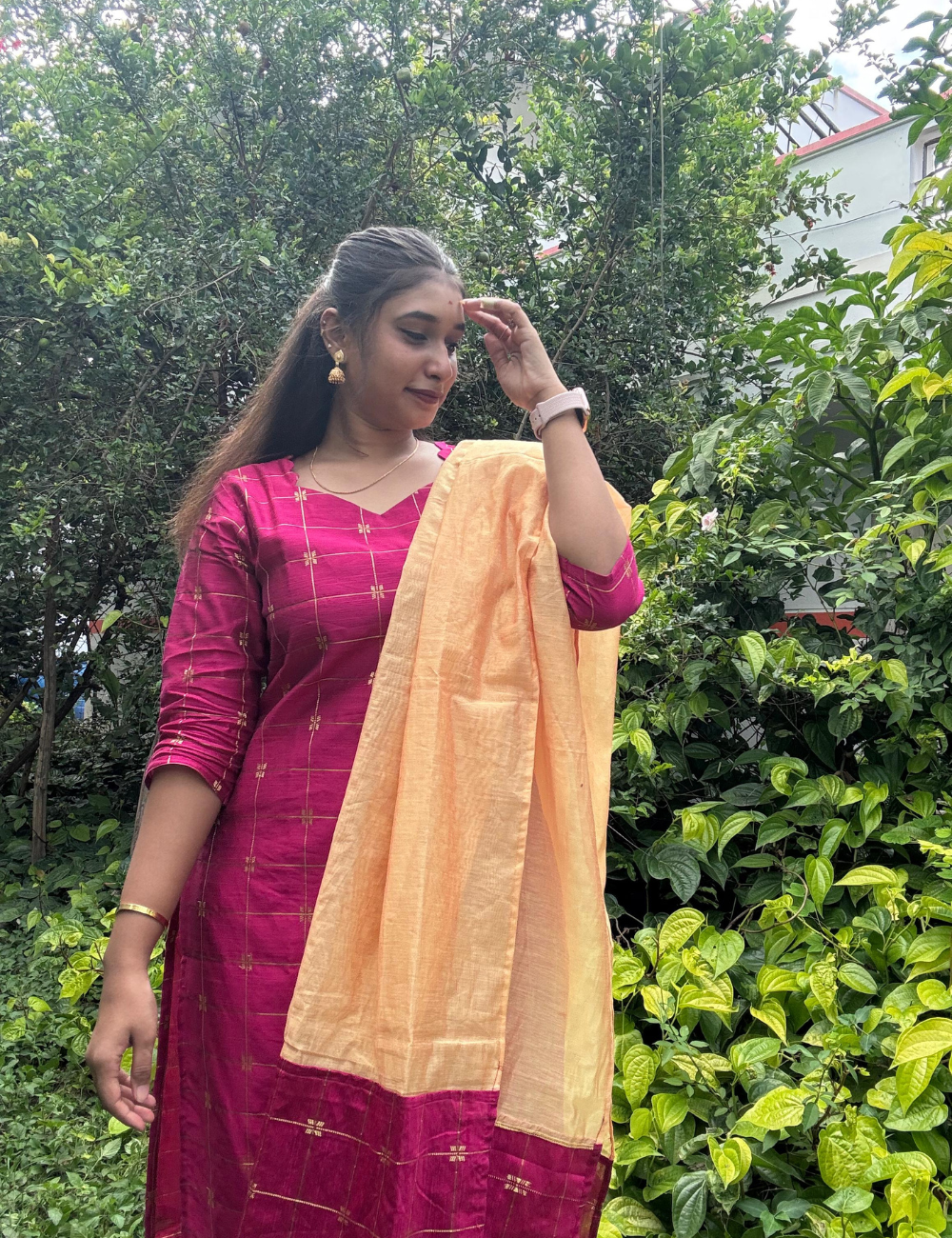 Plum Majenta Silk type Kurti and Dupatta