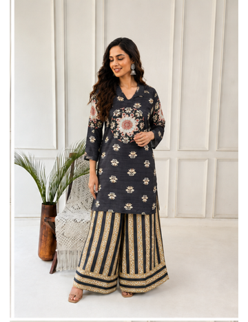 Charcoal Floral Premium Muslin Co-ord Set