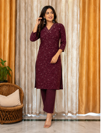 Maroon Wine Jaipur Cotton Straight Cut Kurti Set