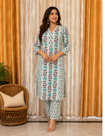Jaipur Cotton Straight Cut Kurti Set – Aqua Bloom