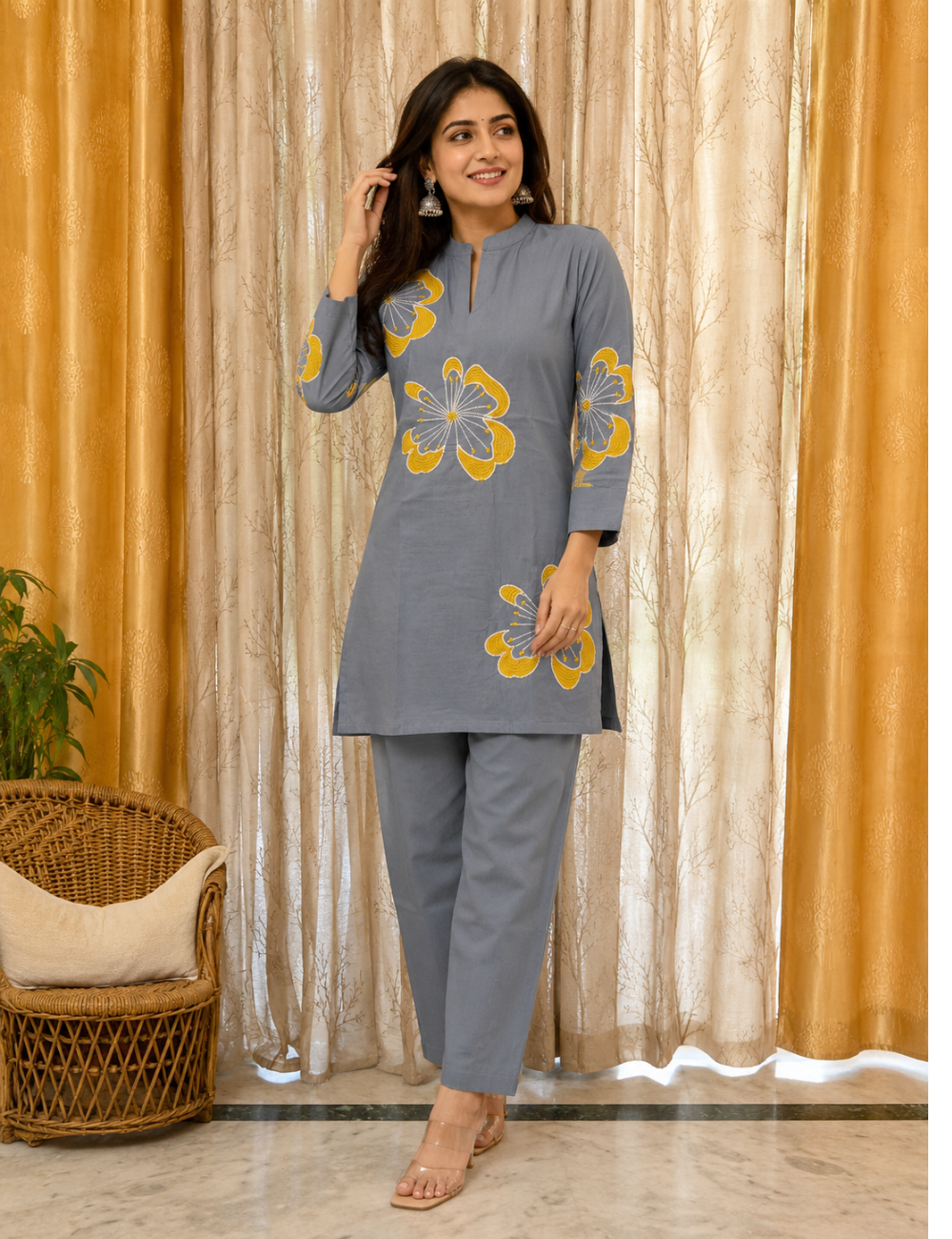 Jaipur Cotton Straight Cut Co-ord Set – Grey Bloom