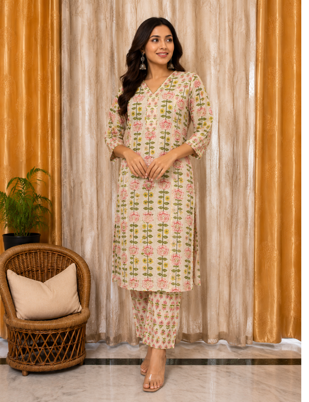 Jaipur Cotton Straight Cut Kurti Set – Peach