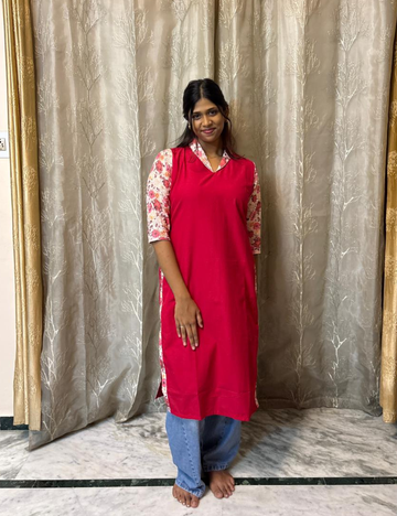 Premium Cotton Kurti with Floral Hakoba Sleeves