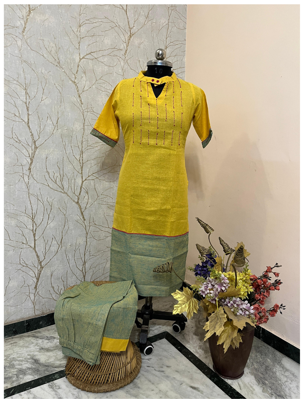 Khadi Cotton Simple Embroidery Kurti Pant Set