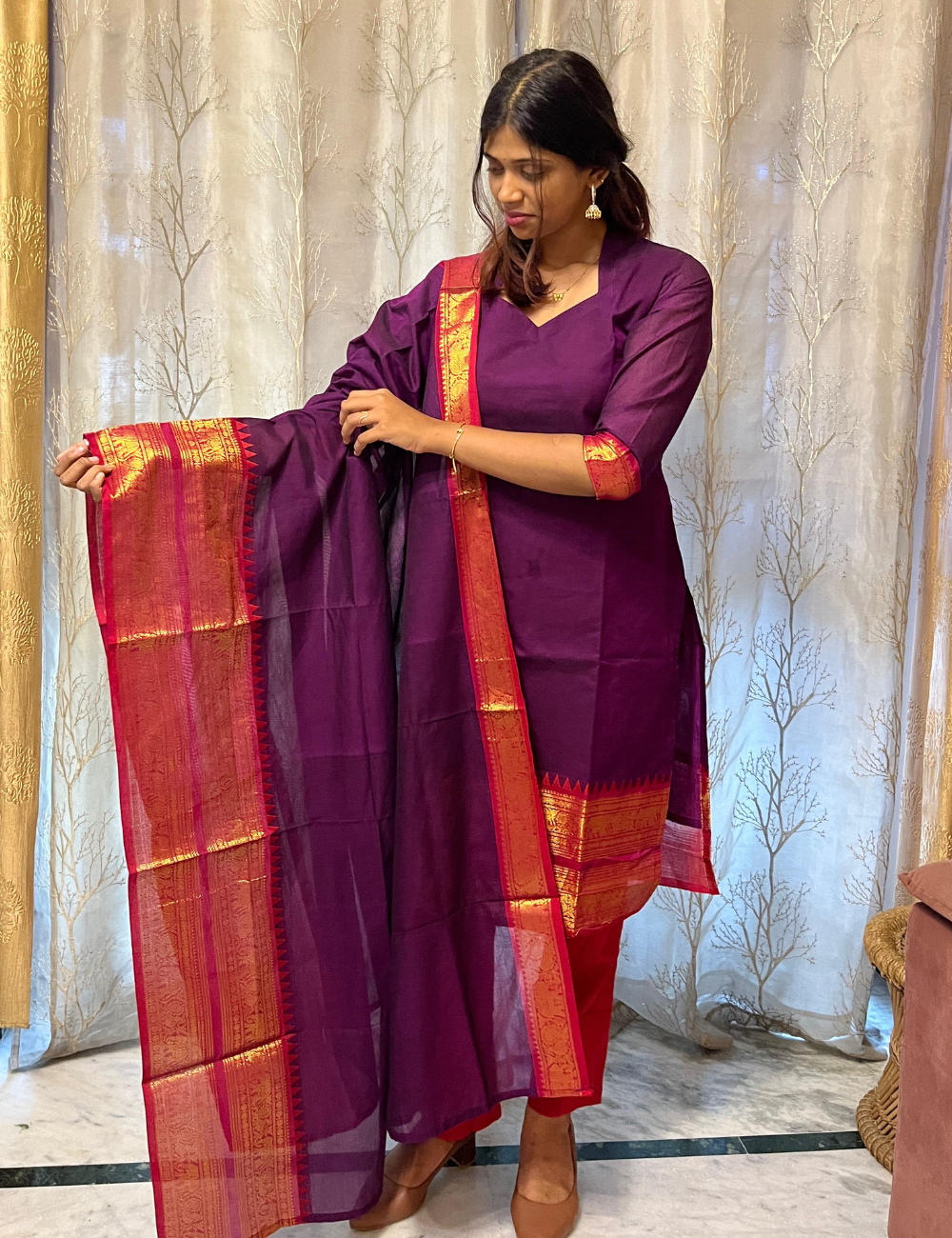 Kanchi Cotton Zari Salwar Set – Plum Purple
