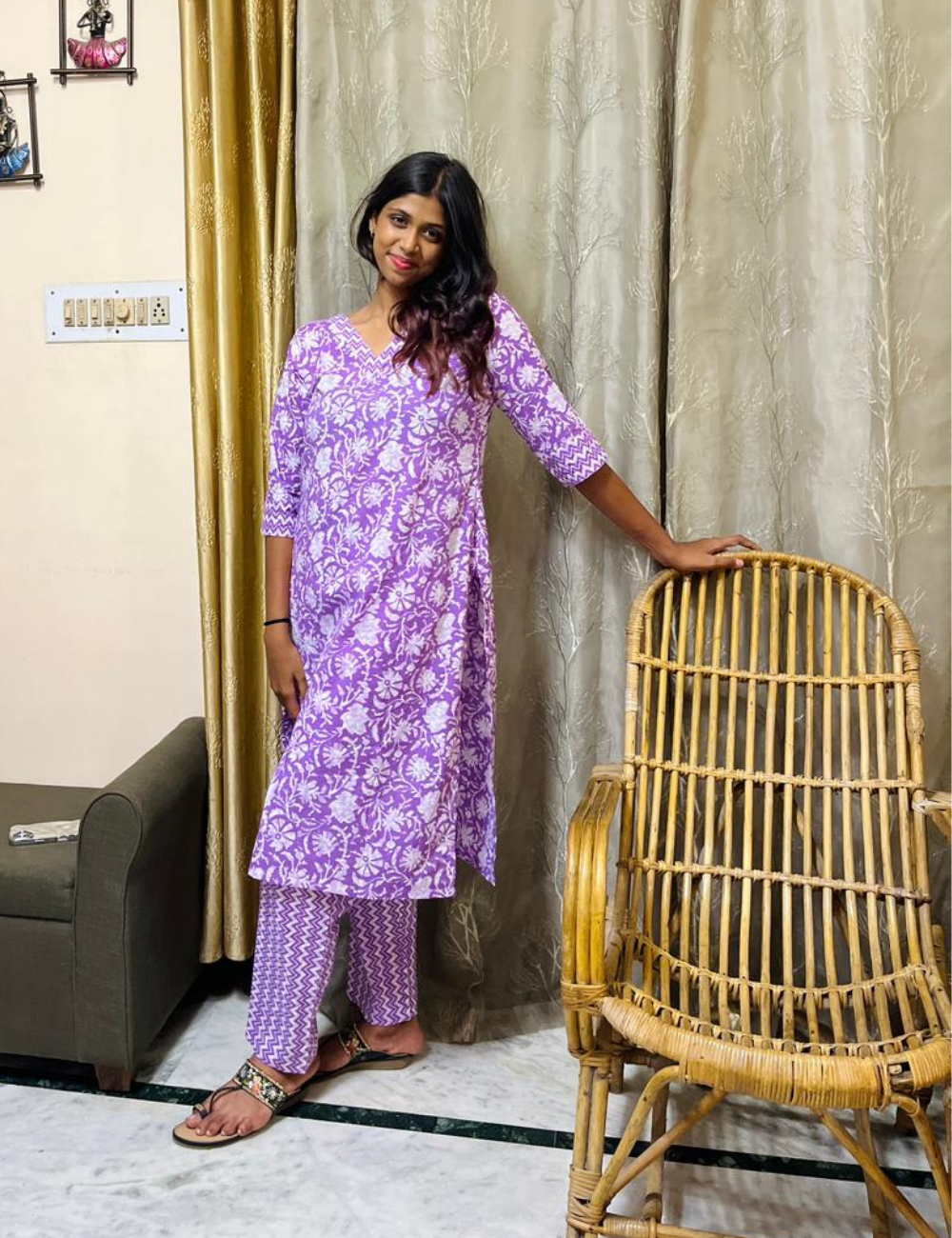 Purple Floral Jaipur Cotton Straight-Cut Set