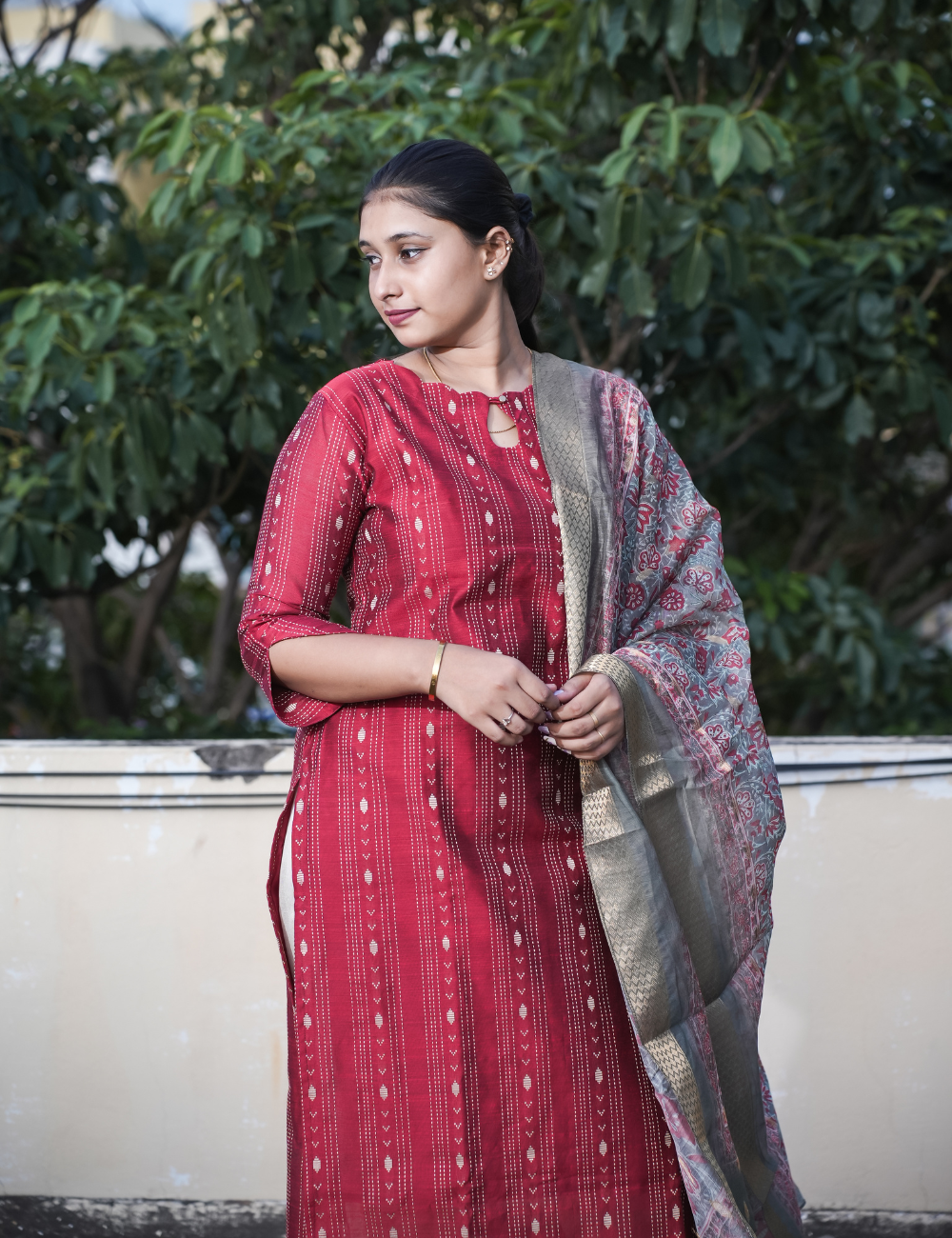 Dark Red Silk Type Kurti and Dupatta