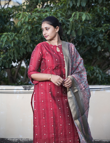 Dark Red Silk Type Kurti and Dupatta