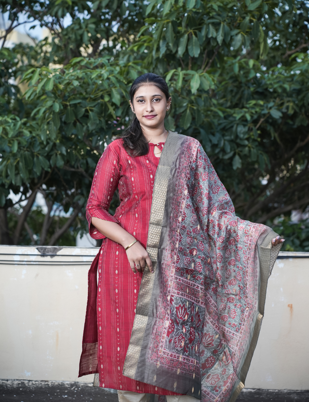 Dark Red Silk Type Kurti and Dupatta