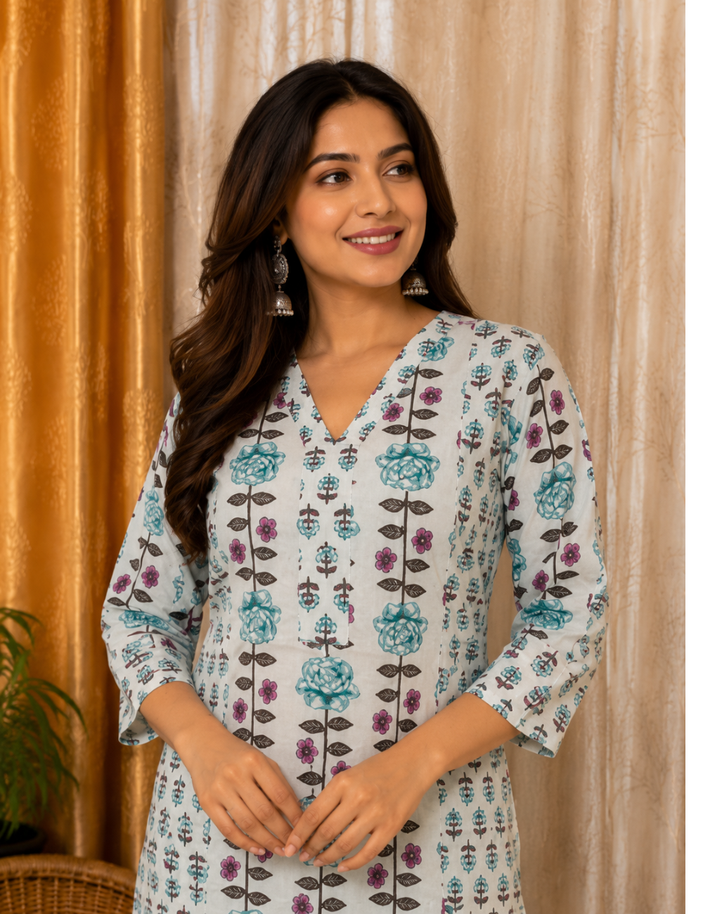 Jaipur Cotton Straight Cut Kurti Set – Aqua Bloom
