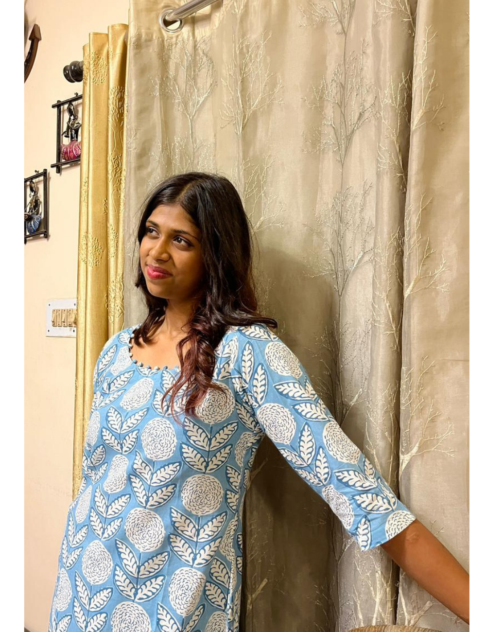 Sky Blue Floral Jaipur Cotton Straight-Cut Kurthi