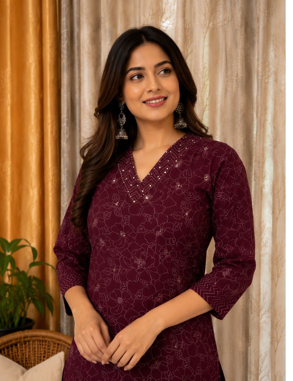 Maroon Wine Jaipur Cotton Straight Cut Kurti Set