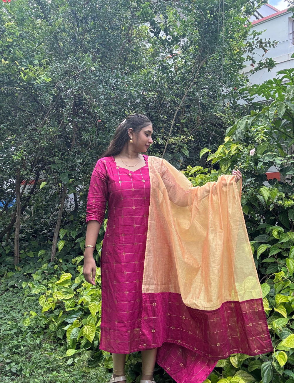 Plum Majenta Silk type Kurti and Dupatta