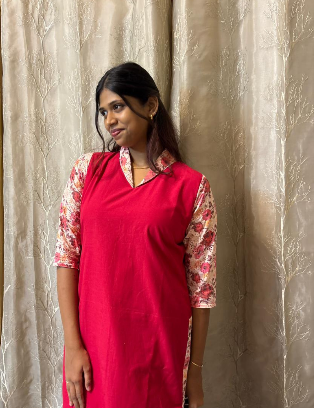 Premium Cotton Kurti with Floral Hakoba Sleeves