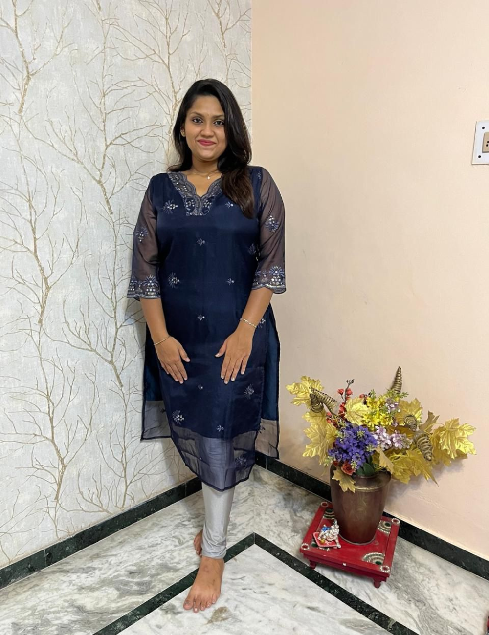 Soft Organza Heavy cutwork Kurti- NavyBlue