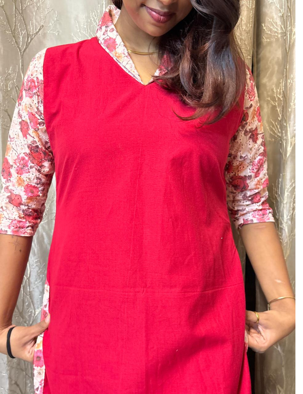 Premium Cotton Kurti with Floral Hakoba Sleeves