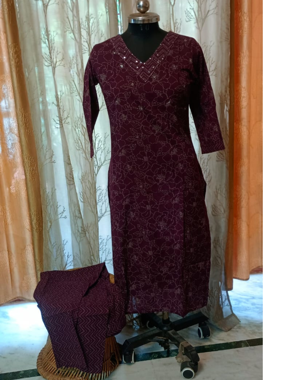 Maroon Wine Jaipur Cotton Straight Cut Kurti Set
