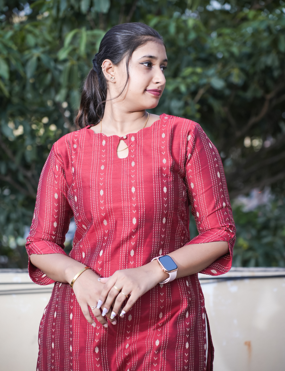 Dark Red Silk Type Kurti and Dupatta