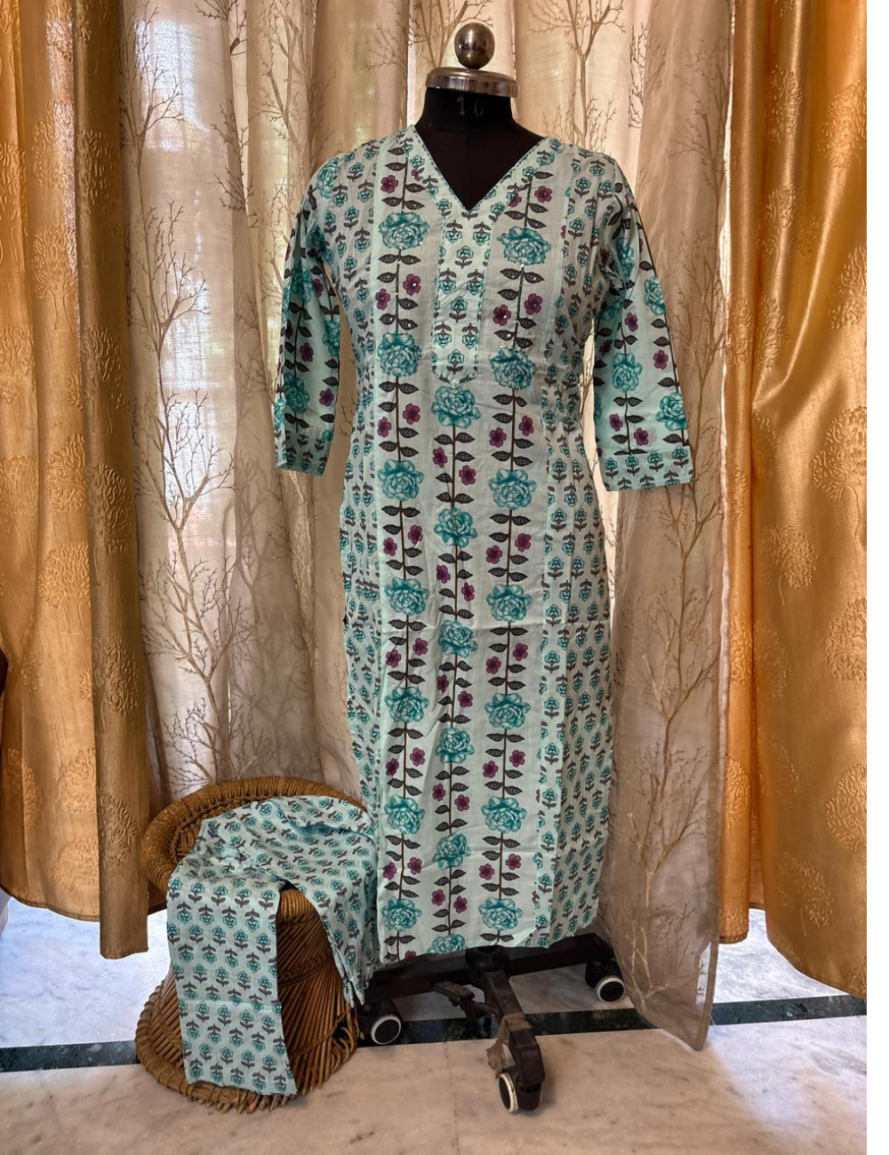 Jaipur Cotton Straight Cut Kurti Set – Aqua Bloom