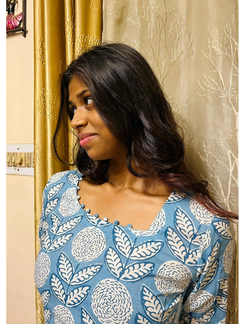 Sky Blue Floral Jaipur Cotton Straight-Cut Kurthi