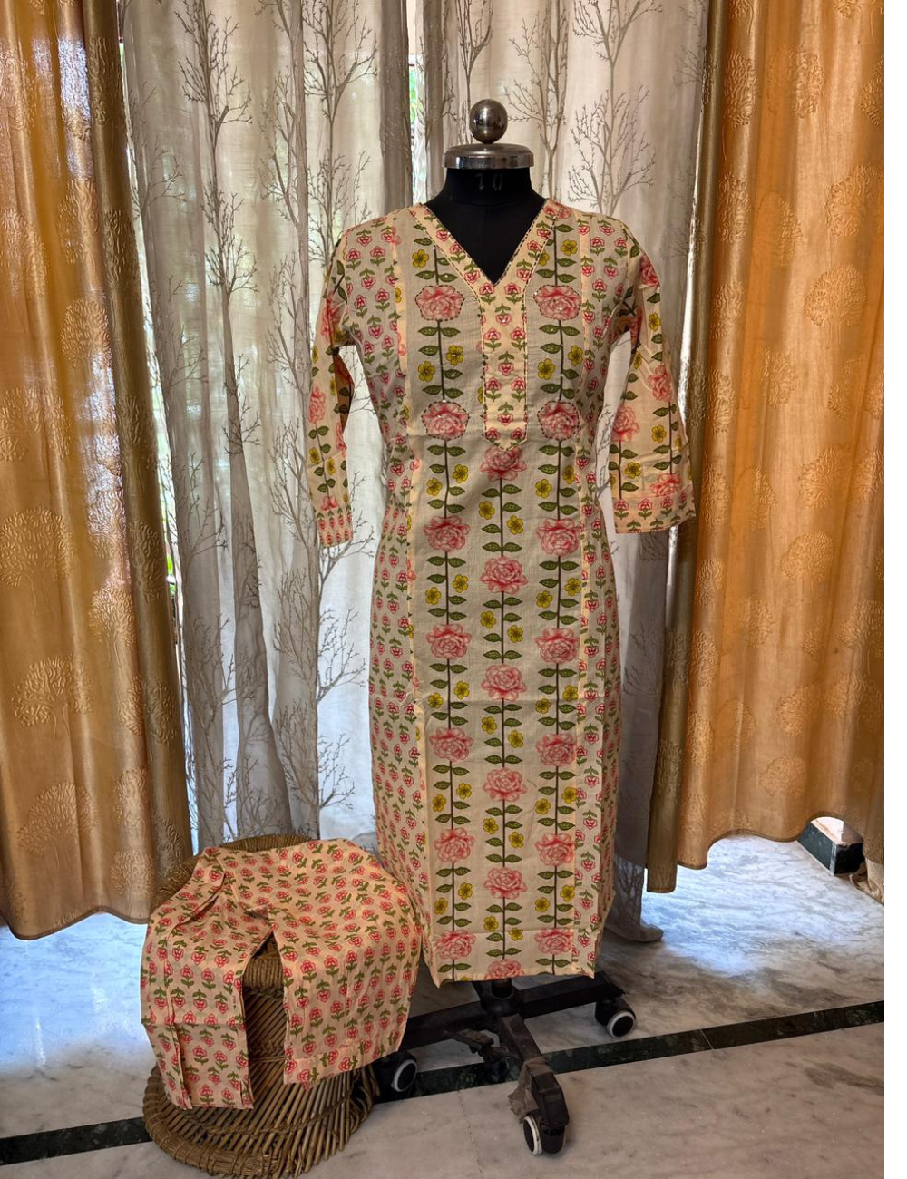 Jaipur Cotton Straight Cut Kurti Set – Peach