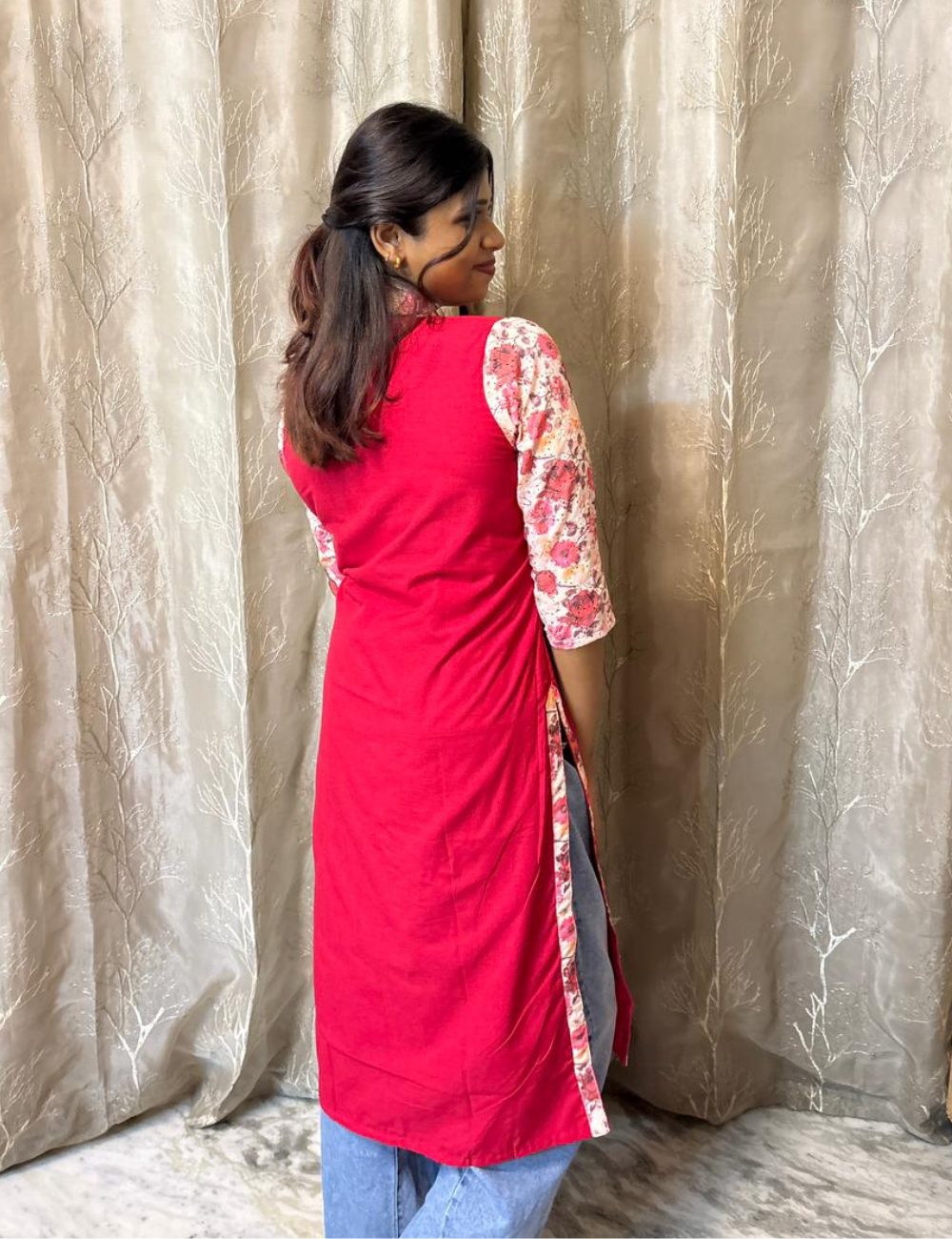 Premium Cotton Kurti with Floral Hakoba Sleeves