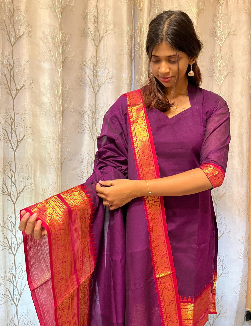 Kanchi Cotton Zari Salwar Set – Plum Purple