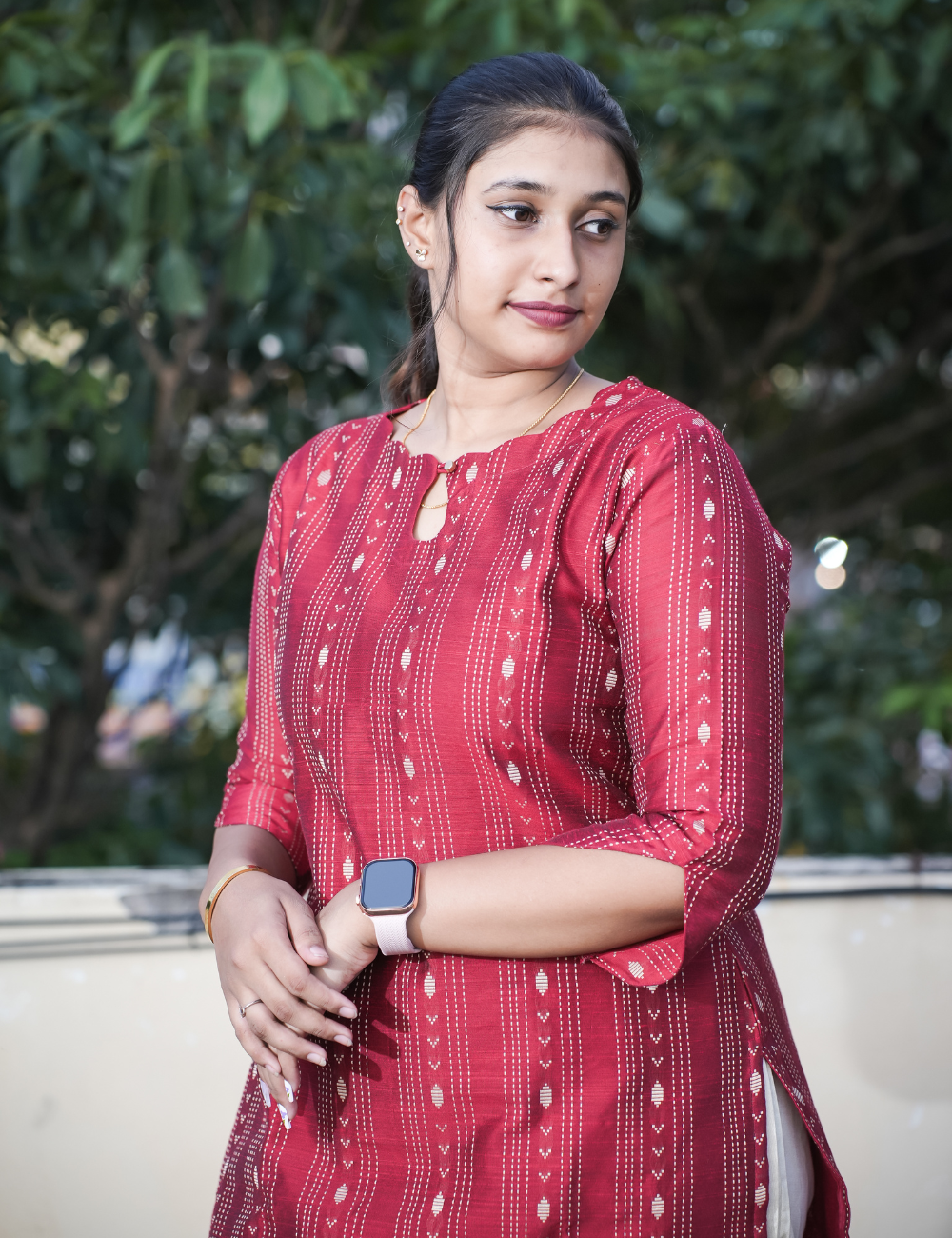 Dark Red Silk Type Kurti and Dupatta